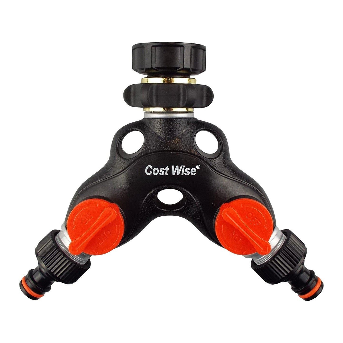 2-Way Tap Connector Snap-On Outlet Metal Black/Orange + 2 x Hose Connectors