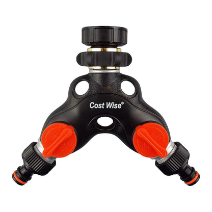 2-Way Tap Connector Snap-On Outlet Metal Black/Orange + 2 x Hose Connectors