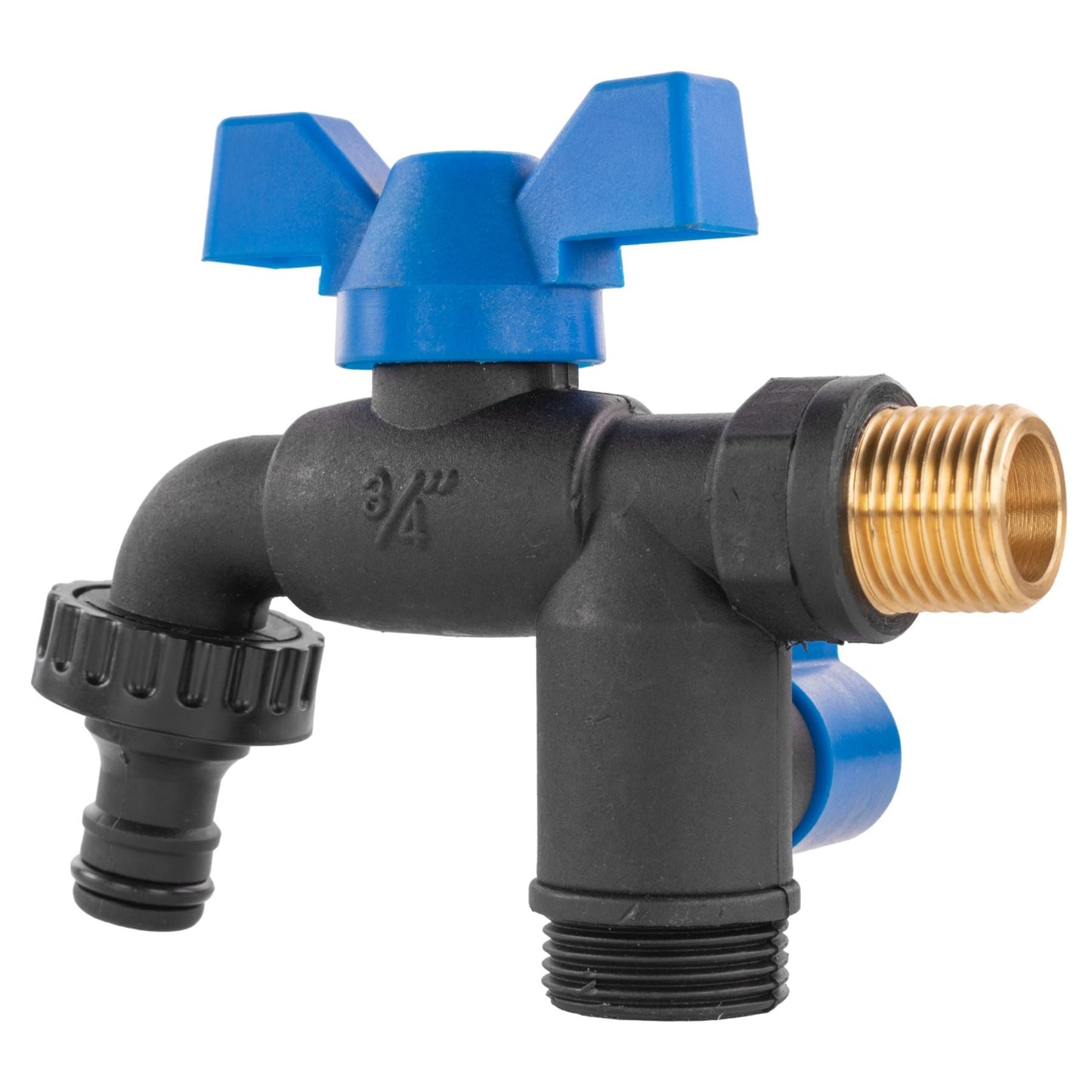 15mm Brass Wall Flange Kit with Garden Bib Double Tap Black/Blue and PTFE Tape Kit