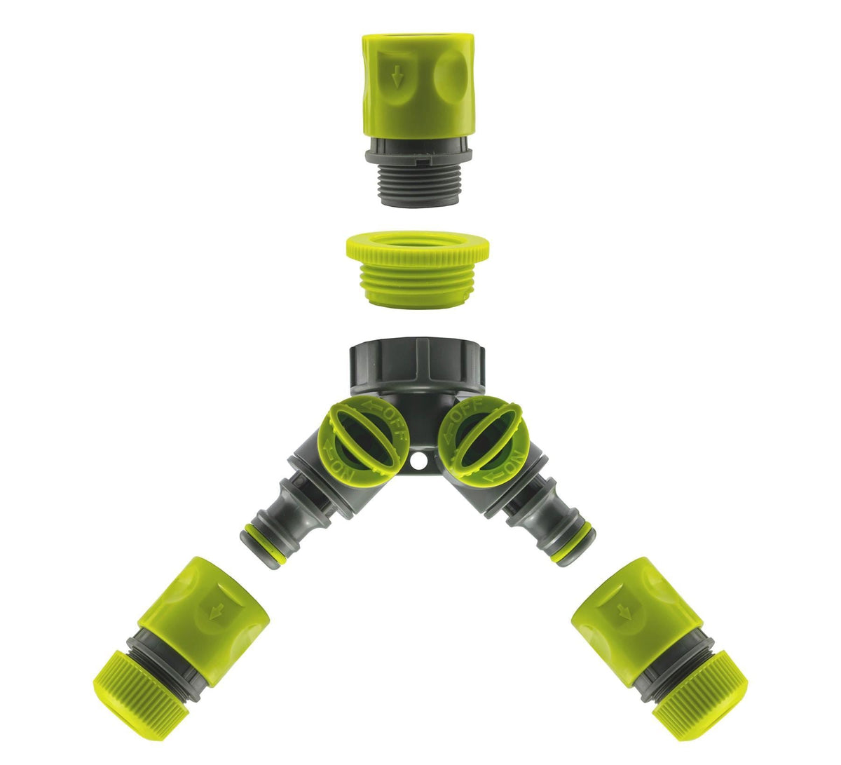 2-Way Tap Connector with 2 x Hose Connectors and 1 x Click-Lock Quick Connection (Lime)