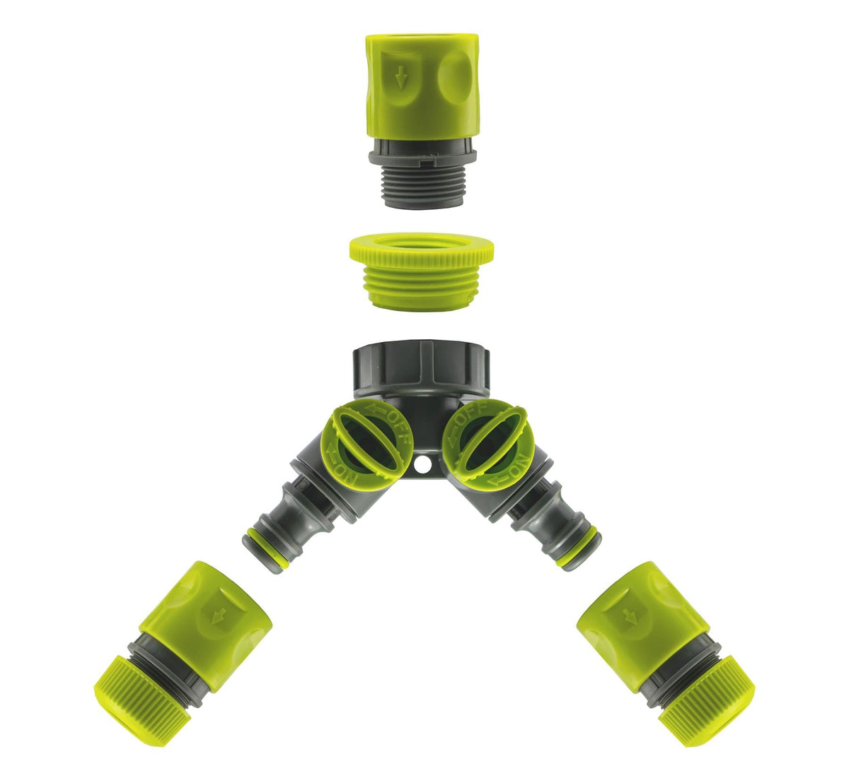 2-Way Tap Connector with 2 x Hose Connectors and 1 x Click-Lock Quick Connection (Lime)