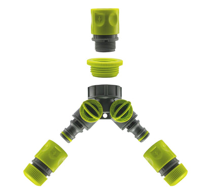 2-Way Tap Connector with 2 x Hose Connectors and 1 x Click-Lock Quick Connection (Lime)