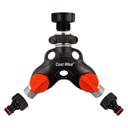 2-Way Tap Connector Snap-On Outlet Metal Black/Orange + 2 x Hose Connectors
