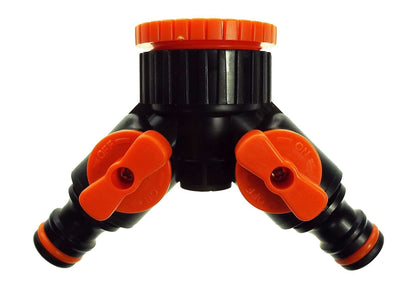 2-Way Tap Splitter Connector with 3 x Quick Connect Outlets (Black/Orange)