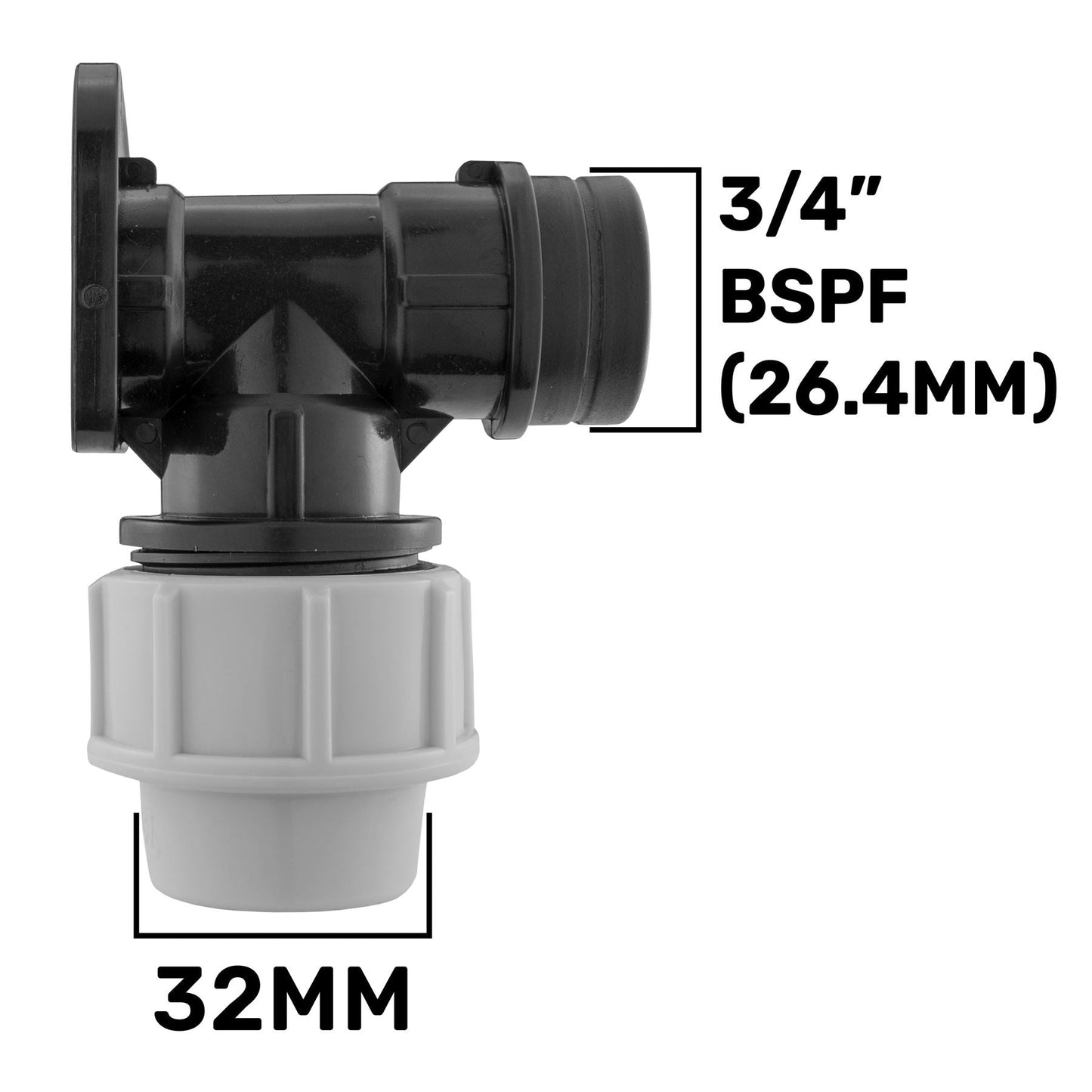 32mm MDPE Wall Flange with Nylon Tap Barb/Quick Connect and PTFE Tape