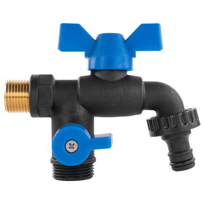 15mm Brass Wall Flange Kit with Garden Bib Double Tap Black/Blue and PTFE Tape Kit