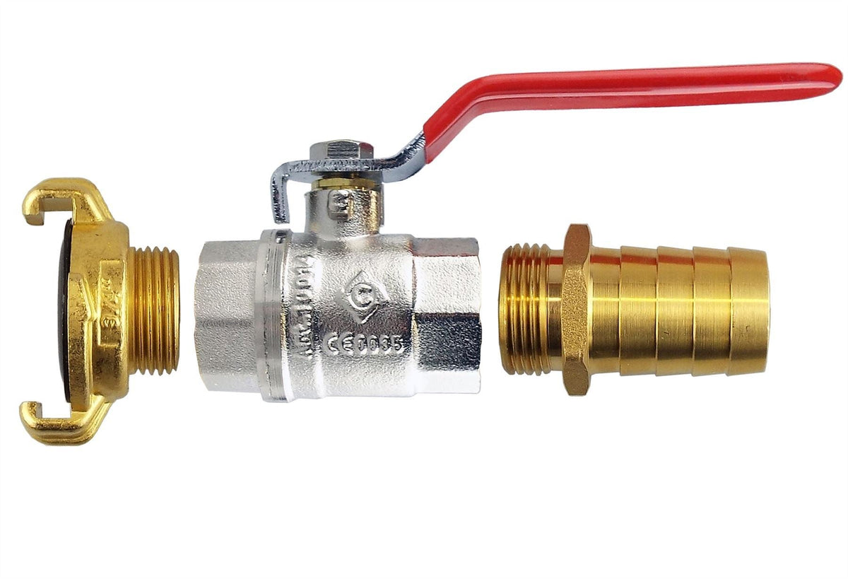Ball Valve Lever 1/2" BSPF with 1 x Geka Type Claw Outlet and 1 x 13mm Barb Outlet