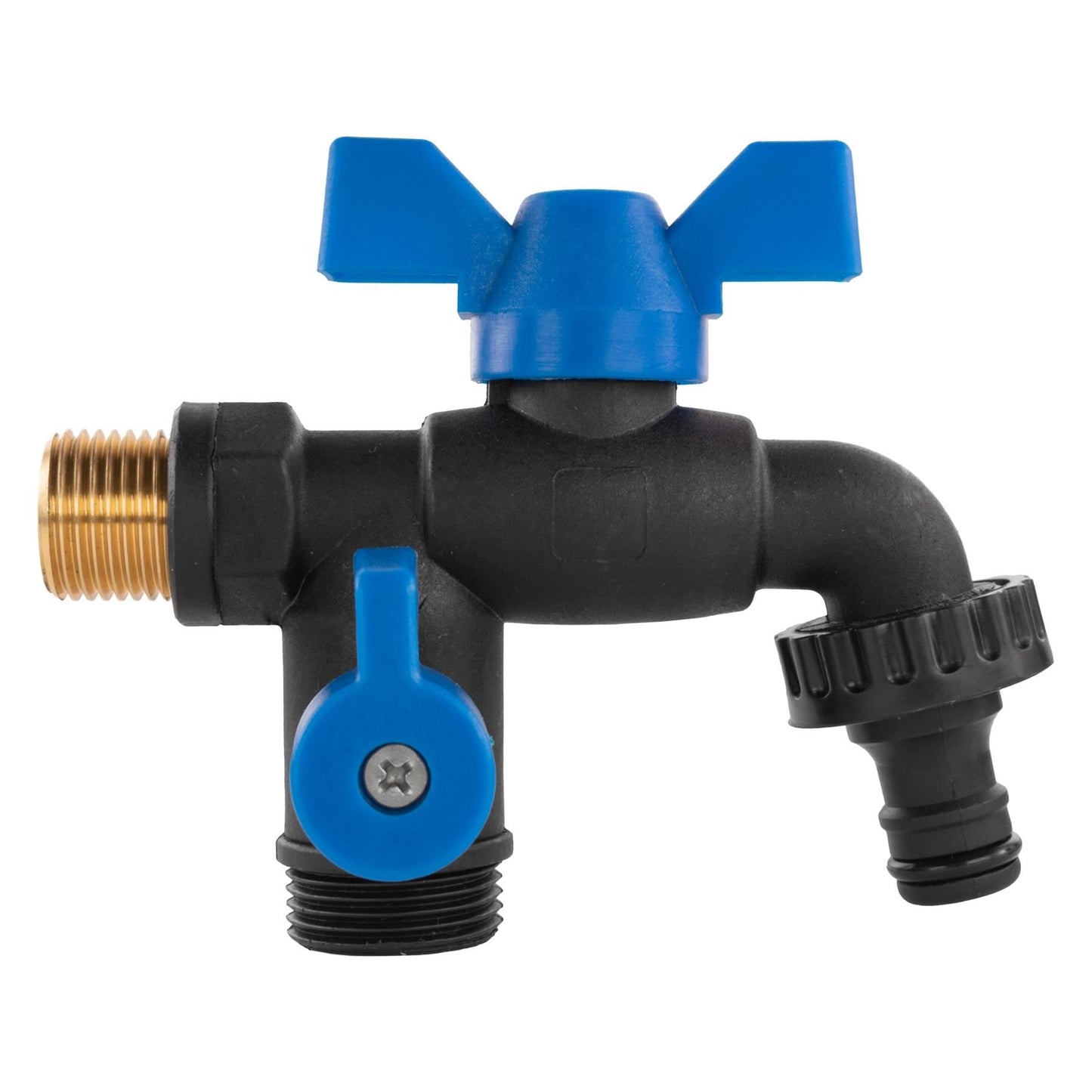 15mm Brass Wall Flange Kit with Garden Bib Double Tap Black/Blue and PTFE Tape Kit