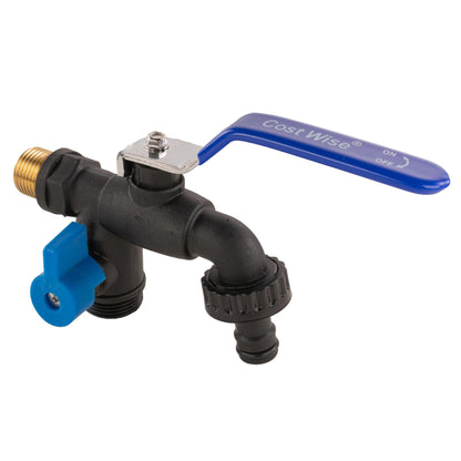 15mm Brass Wall Flange Kit with Garden Lever Double Tap Black/Blue and PTFE Tape Kit