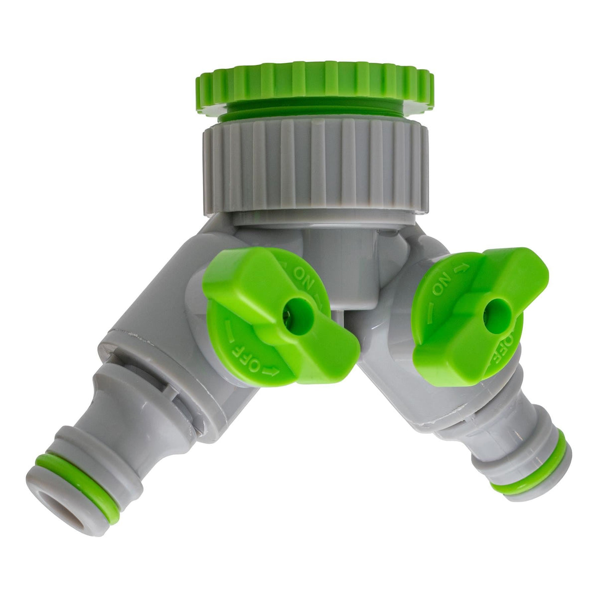 2-Way Tap Connector with 3 x Quick Connect Outlets and 3 x Standard 1/2" Hose Connectors (Grey/Lime)