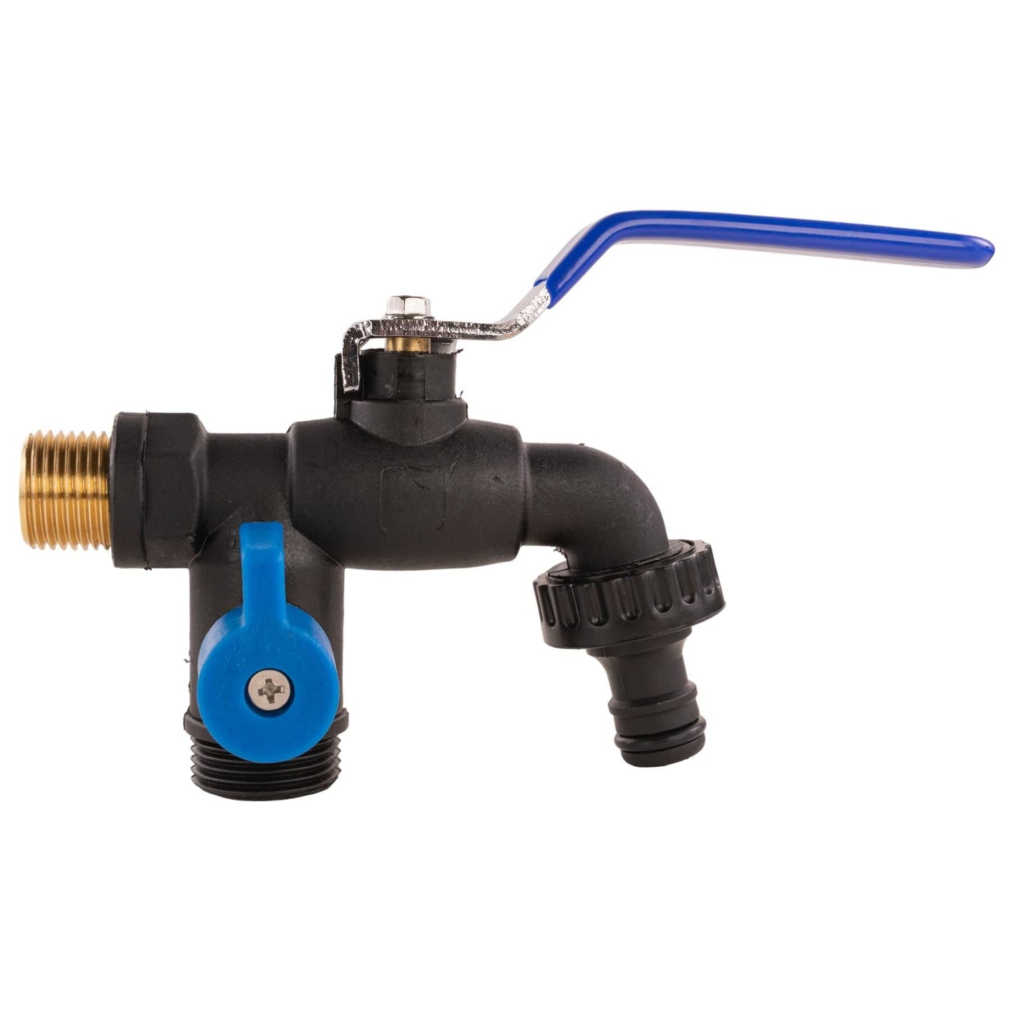 15mm Brass Wall Flange Kit with Garden Lever Double Tap Black/Blue and PTFE Tape Kit