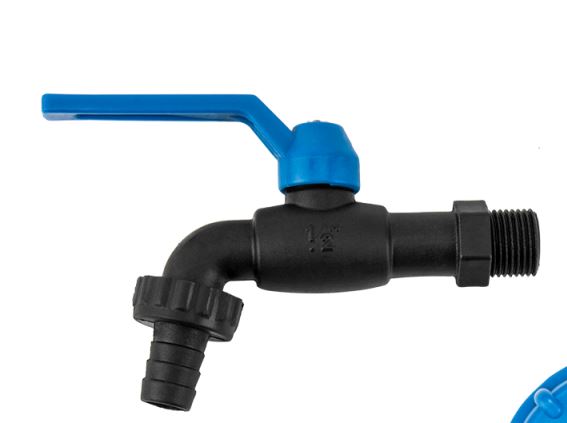 3/4" BSP - 1/2" BSP Water Butt Fitting with Black Lever Barb Tap