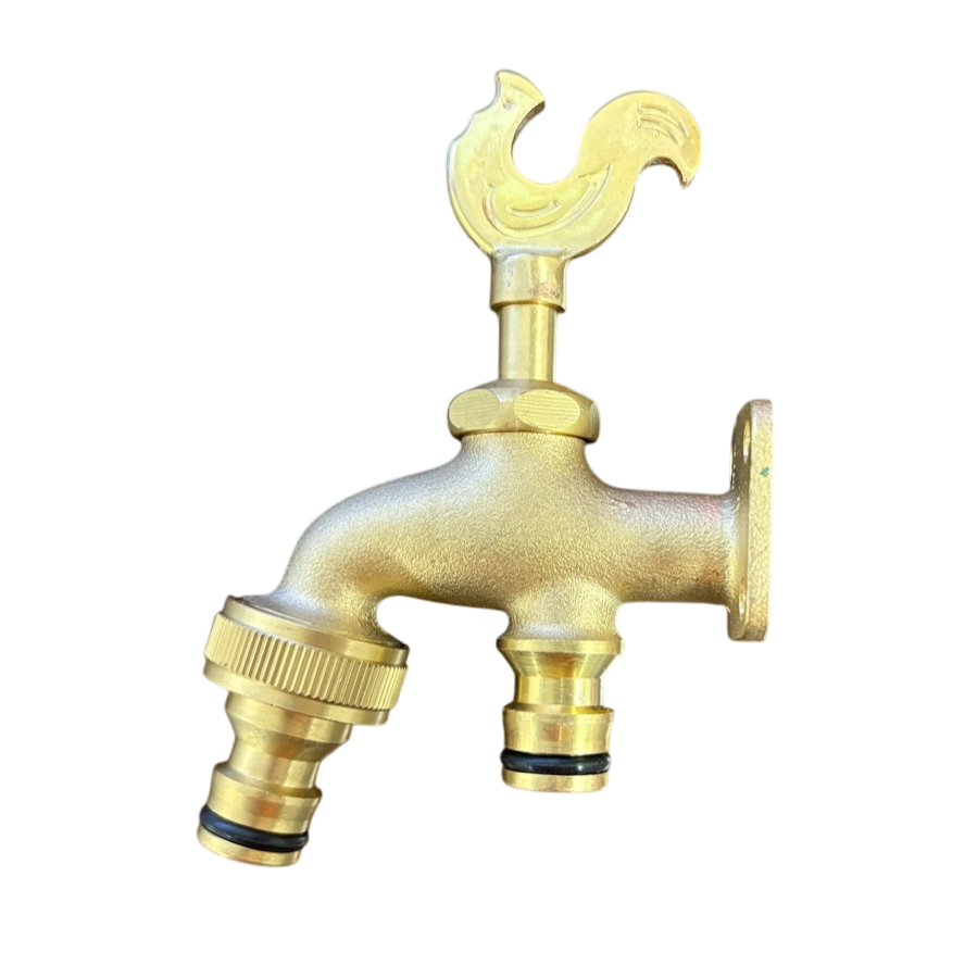 Brass Bib Tap with Quick Connect Inlet and Outlet, Rooster Design