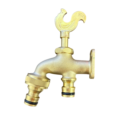 Brass Bib Tap with Quick Connect Inlet and Outlet, Rooster Design