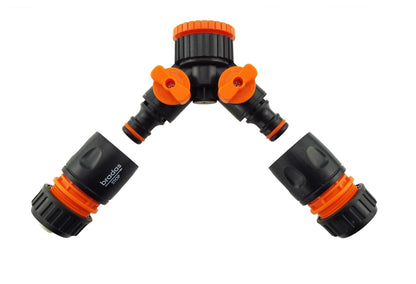 2-Way Tap Connector with 3/4" and 1" BSP Inlet and 2 x Hose Connectors (Black/Orange)