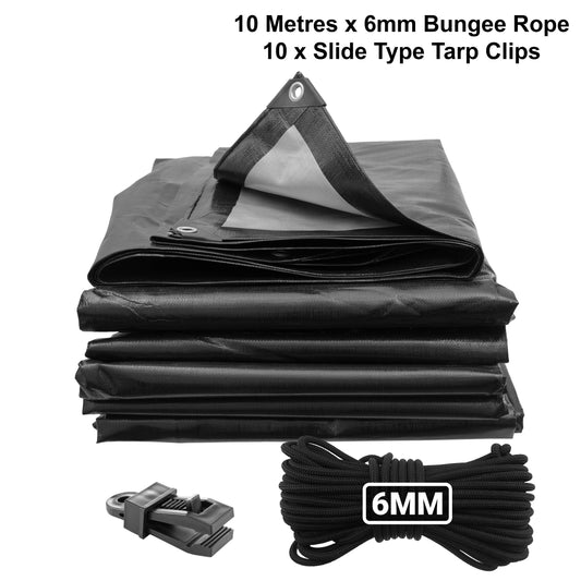 Black/Silver L-Grade Tarpaulin with 10m of 6mm Bungee Rope and 10 x Slide Type Tarp Clips