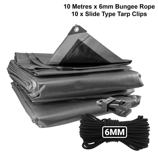 Silver XL-Grade Tarpaulin with 10m of 6mm Bungee Rope and 10 x Slide Type Tarp Clips