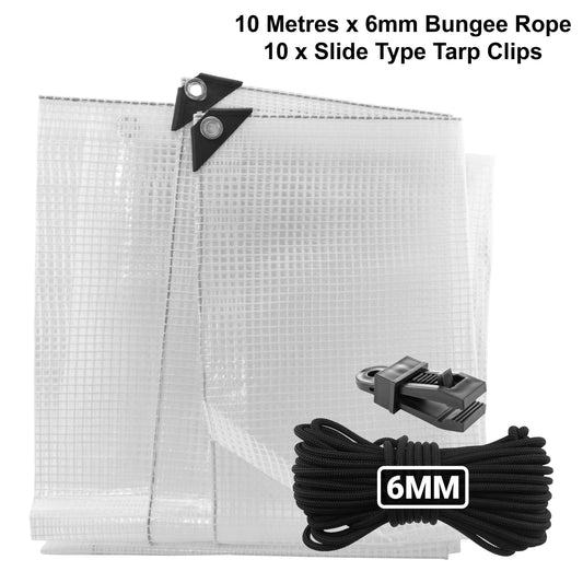 Clear XL-Grade Tarpaulin with 10m of 6mm Bungee Rope and 10 x Slide Type Tarp Clips