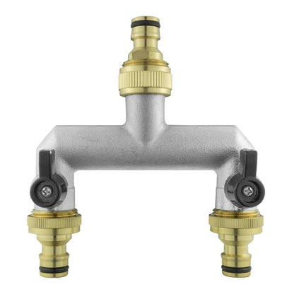 Two Way Tap Splitter Brass 3/4" BSP with 3x Quick Connect 1/2" Hose Connectors