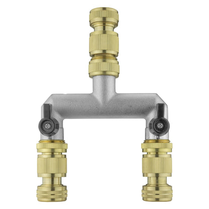 Two Way Tap Splitter Brass 3/4" BSP with 3x Quick Connect 1/2" Hose Connectors