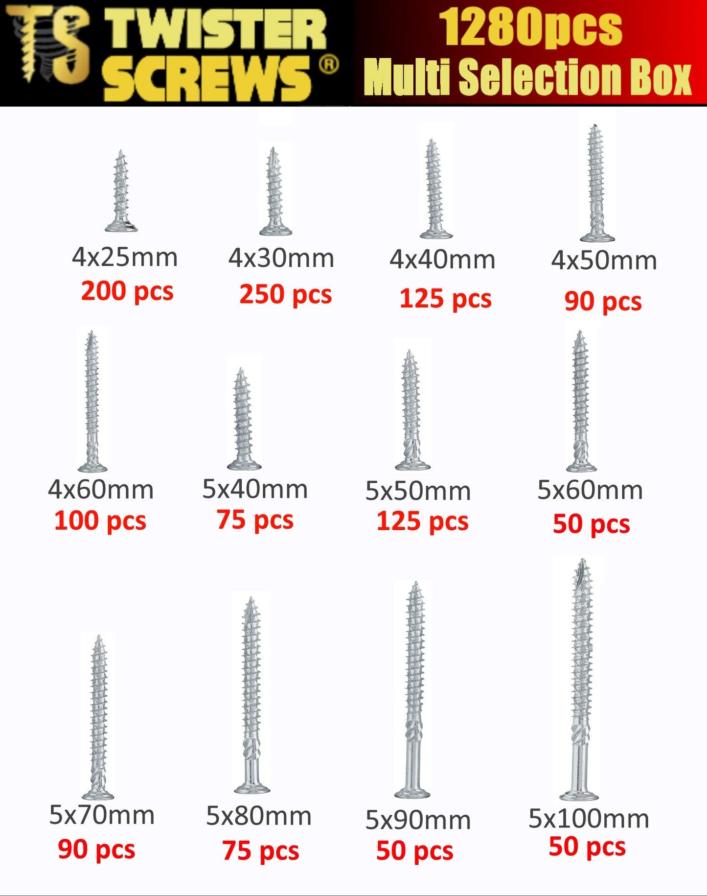 Twister Screws MultiBox 1,280 Piece Zinc-Coated Wood Screws
