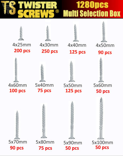 Twister Screws MultiBox 1,280 Piece Zinc-Coated Wood Screws